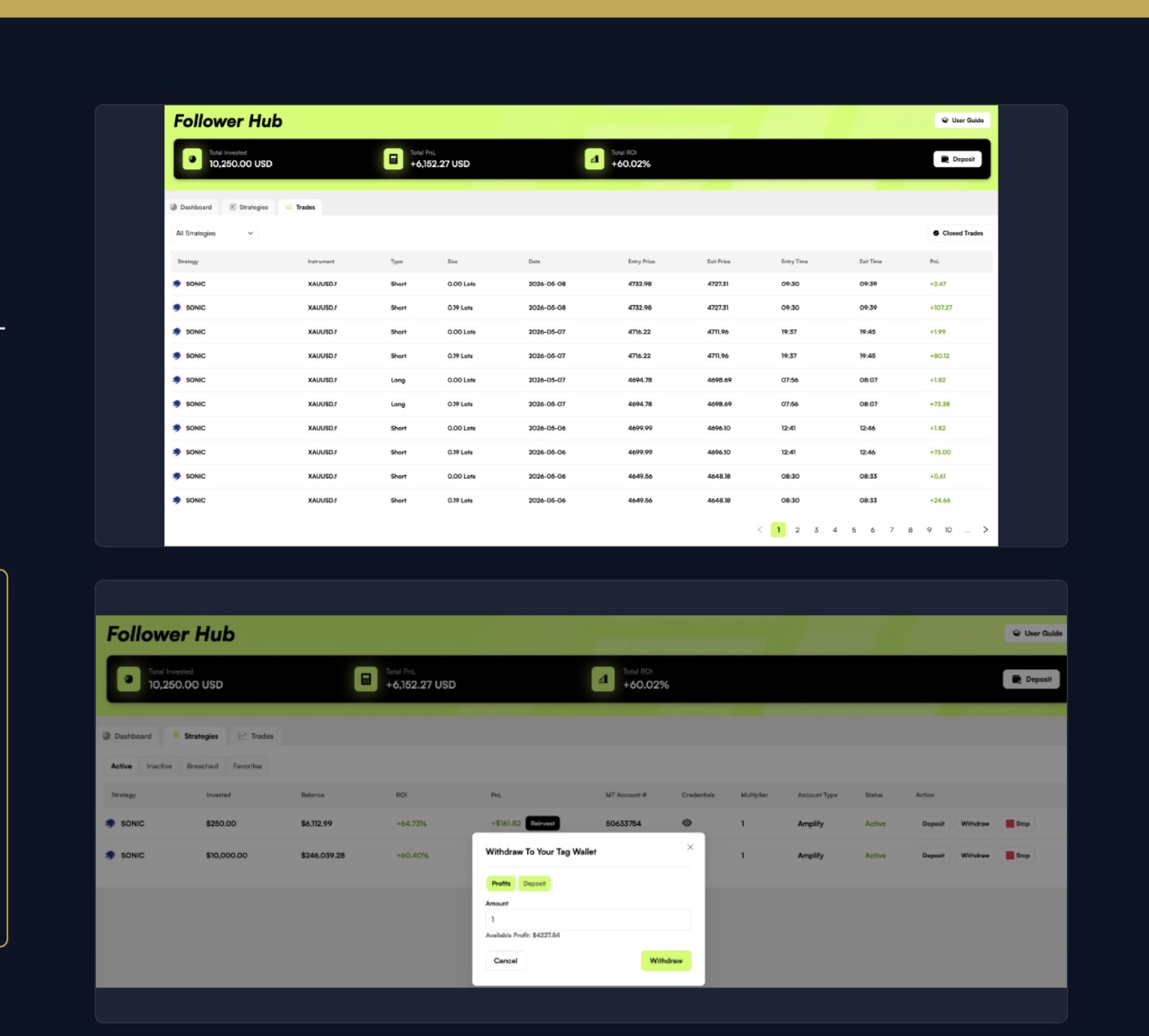 Track Trades & Withdraw
